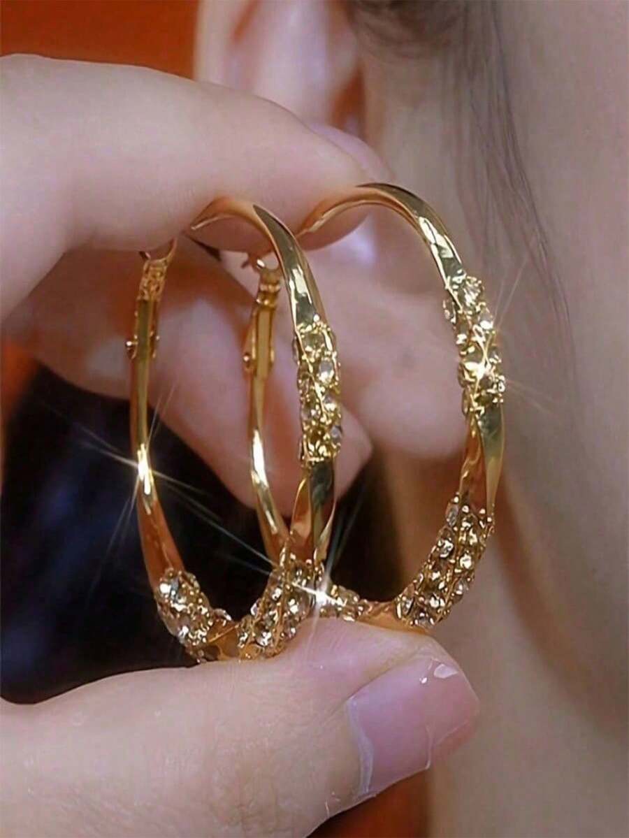 Sterling Silver Twisted Ruffled Hoop Earrings - Women's Sparkling Rhinestone Statement Jewelry, Perfect For Party & Daily Wear - Vàng - Xem 1