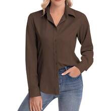 Womens Classic - Fit Dress Shirts Long Sleeve Button Down Wrinkle - Stretch Solid Casual Work Office Blouse Top - 棕色+小號 - 查看 6