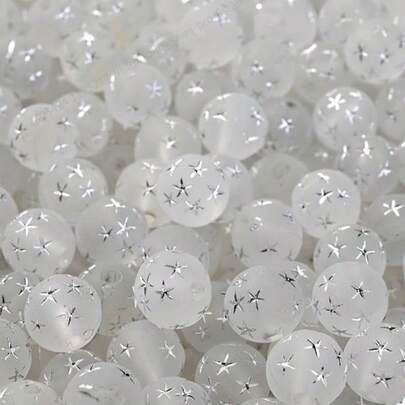 100pcs 8mm Slivery Star Printed Acrylic Beads, Round Loose Spacer Beads, For Jewelry Making Bracelet Necklace DIY Craft Supplies