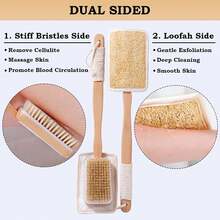 Handheld 2-In-1 Anti Slip Long Wooden Handle Shower Body Brush With Bristles And Loofah Flesh, Double-Sided Long Handle Back Scrub, Body Exfoliating, Wet Or Dry Brush, Back Washer, Back Exfoliating Body Washer Shower Scrub Brush Long Handle Suitable For Men And Women