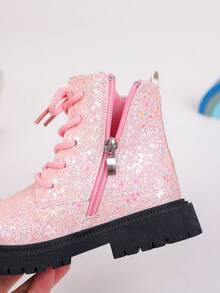 1 Pair Children's Fashion Casual Non-Slip Boots, Solid Color Shiny Lace-Up Design, Side Zipper Girls' Boots Suitable For Travel And Vacation (Random Sole)