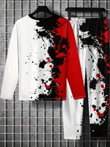 男士扎染印花长袖 T 恤和抽绳腰长裤 2 件套休闲西装套装，春夏秋装 - 彩色 - 查看 2