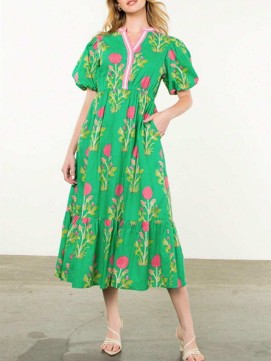 Women Boho Midi Dress Floral Print Ruffle Sleeve Flowy Maxi Dress Cute V Neck Loose Tiered Smocked Babydoll Dresses - 綠色 - 查看 1