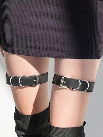 2件装女士性感PU皮革绑带时尚哥特风大腿吊袜带装饰吊带大腿绑带情趣丝袜