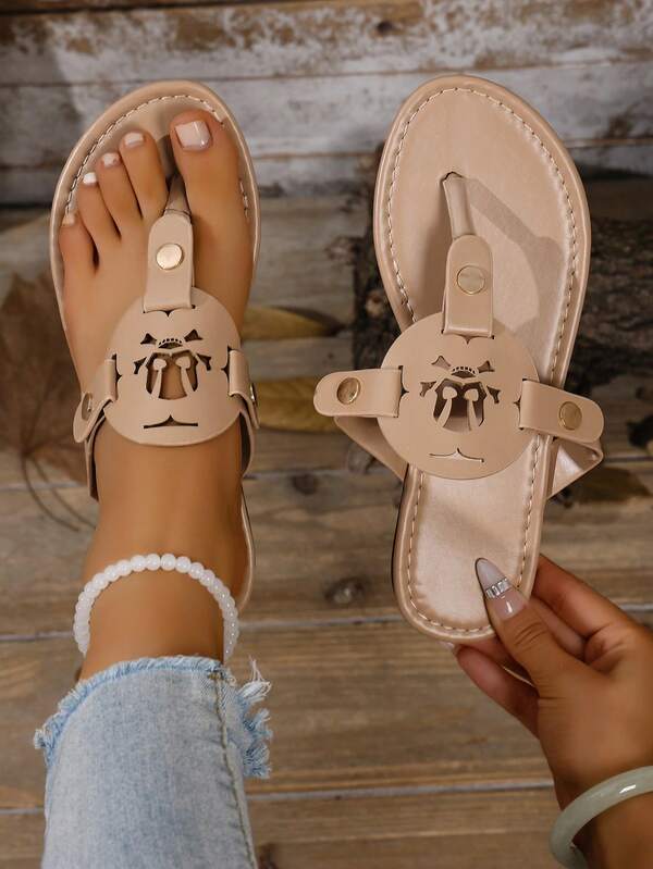 Women's T-Strap Pearl Chain Decor Summer New Roman Flat Sandals, Women's Thong Comfortable Minimalist Casual Beach Holiday Style, Fashionable Slip-On With Elastic Strap Back Sandals