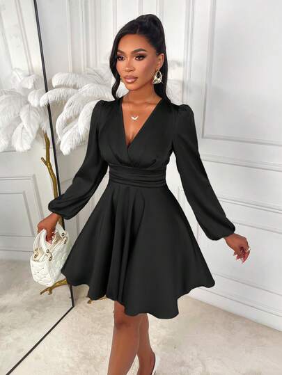 Amarilo Women's Autumn And Winter Elegant Solid Color V-Neck Slim Fit A-Line Puff Sleeve Satin Glossy Short Dress, Suitable For Parties And Daily Commuting Halloween Christmas