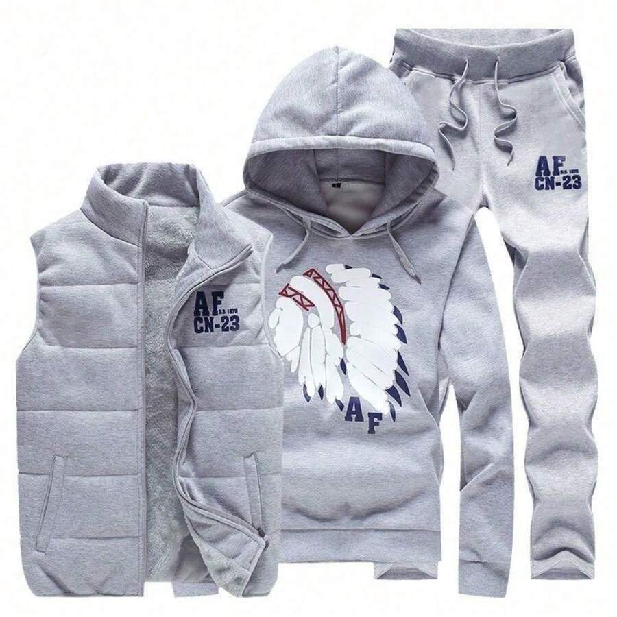 Men Fleece Hoodie Co Ords Set Winter Thickened Couple Sportswear 3 Piece Outfit  Youth Hooded Sweatshirt Vest Jogging Suit - 灰色 - 查看 1