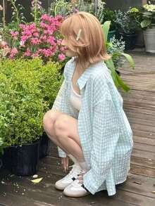 YUXIN Áo sơ mi nữ dáng rộng kẻ caro, cổ bẻ, cài nút, một túi bên hông, nhiều màu sắc để lựa chọn, phù hợp cho công sở và trang phục thường ngày, mọi mùa. - màu xanh lá - Xem 10