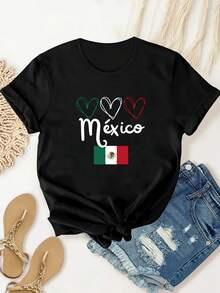 Camiseta de talla grande para mujer con estampado de la bandera mexicana - Cuello redondo casual, manga corta, parte superior elástica de poliéster para primavera/verano, negro con diseño de corazón y bandera coloridos, camiseta mexicana - Negro - Ver 1