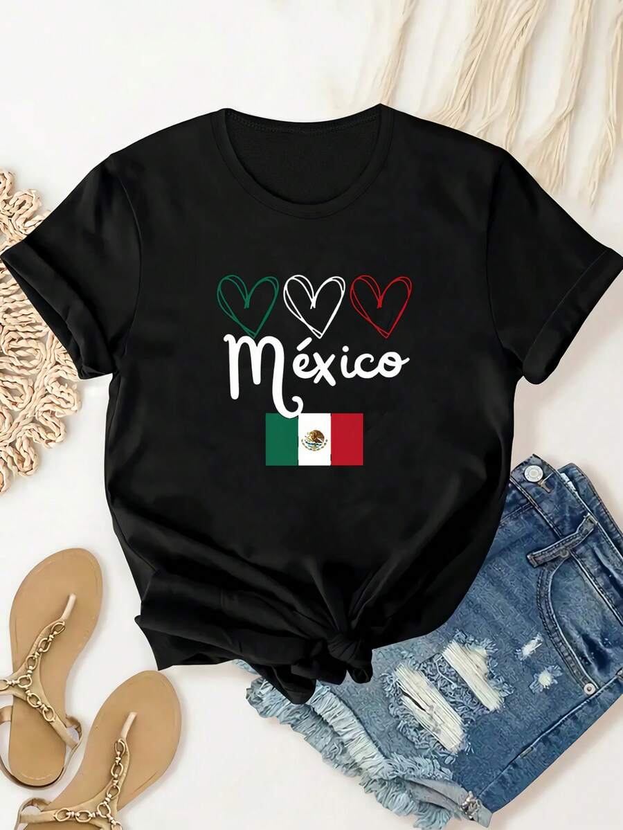 Camiseta de talla grande para mujer con estampado de la bandera mexicana - Cuello redondo casual, manga corta, parte superior elástica de poliéster para primavera/verano, negro con diseño de corazón y bandera coloridos, camiseta mexicana - Negro - Ver 1