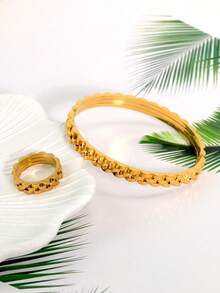 2 件/套 18K 镀金不锈钢手链和戒指首饰套装，适合女性日常佩戴，经典欧美流行表链造型设计，防水，优雅奢华的休闲表带首饰套装，婚礼首饰套装，送给女孩、女士、妈妈、亲戚、朋友的礼物，美丽的婚礼、生日、母亲节、女友情人节 - 金色 - 查看 6