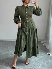 Plus Size Solid Color Fabric Ruffle Trim Button Front Dress, Casual Everyday Wear, Spring/Autumn - Green - View 5