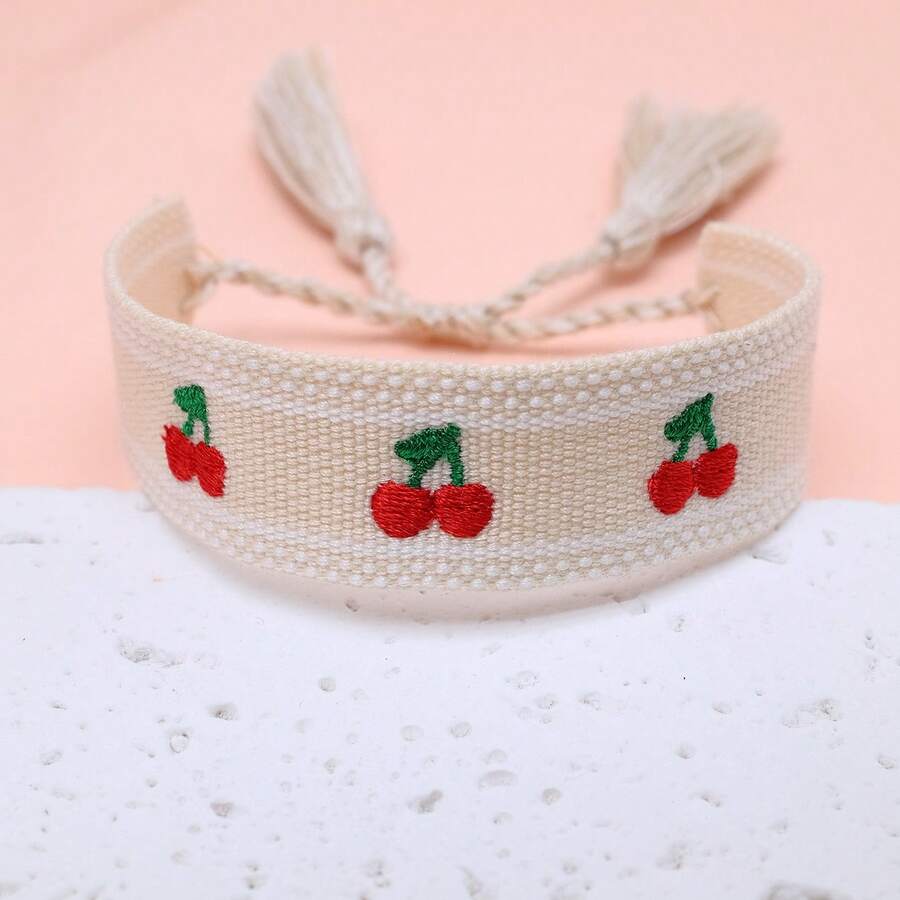 1 Stück kreative bestickter Pfirsich Handgemachter gewebter Vintage Quasten Boho Lässig Urlaubsstil süßes Armband, geeignet als Geschenk für Familie, Freunde, Studenten, Feiertage, Partys, Reisen - Beige - Übersicht 1