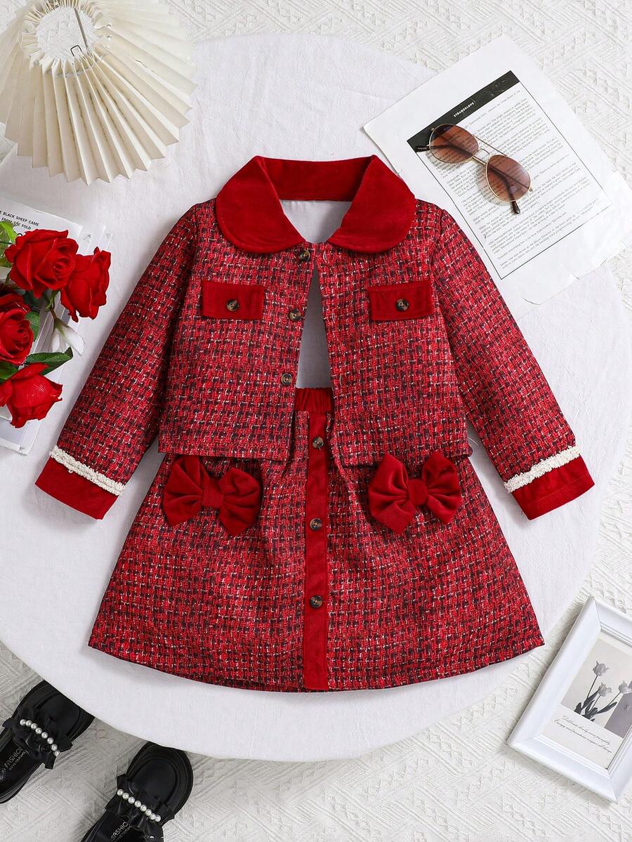 女童秋冬两件套服装：长袖格子夹克 + 裙子 - 紅色 - 查看 1