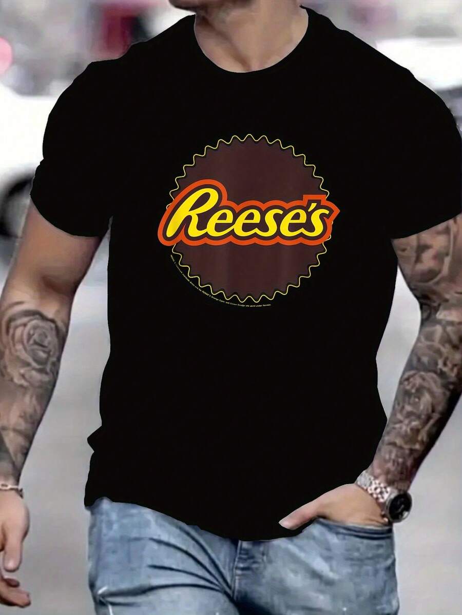 Men's Black Short-Sleeve T-Shirt, This Sleek Men's T - Shirt Showcases The Iconic Reese's Logo, It's A And Stylish Way To Flaunt Your Love For The Delicious Peanut Butter Cups. Round Neck, Hot Selling Top Tee, Summer New Arrival T-Shirt Thanksgiving Turkey Shirt Men Lake Weekend Shirt Men Workout Shirt Men 2025 Gym Shirt Men Black T Shirt Men - Black 6 - View 1