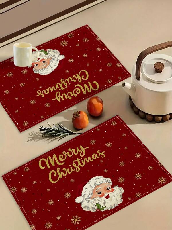 Juego de 1/2/4/6/8 piezas de manteles individuales navideños con diseño de copos de nieve y Papá Noel, de tamaño 12 x 18 pies, con aislamiento rectangular de lino, adecuados para decoración del hogar, decoración de fiestas, reuniones festivas, decoración navideña, cocina, restaurante, decoración de mesa del hogar