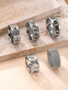 5pcs Fashion Stainless Steel Rings Set, Simple Golden Rotatable Rings, Hip Hop Hollow Out Rings Set - 5pcs - View 14