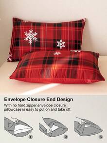 3件套圣诞红色格子圣诞老人雪花印花床上用品套装（1个被套和2个枕套），柔软亲肤，四季皆宜，圣诞礼物 - 彩色 - 查看 7