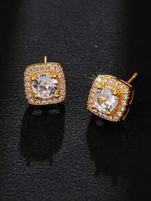 2pcs Cubic Zirconia Square Stud Earrings, Fashionable Luxury Personalized High-End Unisex Earrings For Daily Wear