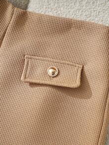 2pcs Women Tweed Jacket And Zipper Shorts Set, Elegant Faux Pocket Front Button Office Wear, Autumn/Winter