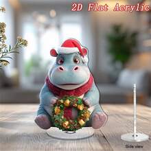1pc 2D Rotating Acrylic Desktop Decor, Cute Cartoon Hippopotamus Wearing Santa Hat Holding Christmas Wreath With Bells, Christmas & New Year Home Decor, Rotating Base, Holiday Atmosphere Decoration