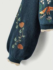 New Stylish Women Elegant Versatile Commuting Contrast Color Embroidered Knit Cardigan Sweater - Ocean Blue - View 3