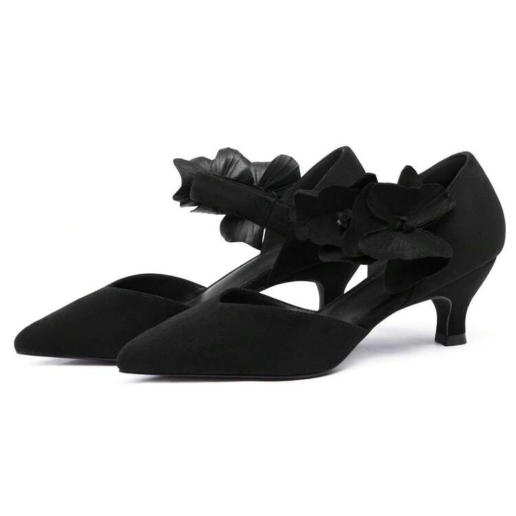 Zapatos de tacón bajo para mujer, con punta cerrada y sin cordones, con flores, cómodos, para fiestas formales y bailes. - Negro frío - Añade 4