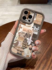 1pc Minimalist Jesus God Bless Cross Bible Pattern Brown Matte Anti-Drop Camera Protective Standard Phone Case Compatible With IPhone 16/16e, Redmi, Infinix, Vivo - Brown - View 3