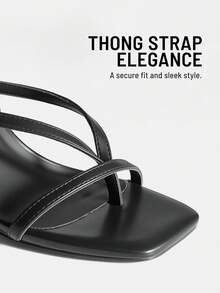 Women Kitten Heel Thong Sandals, Fashion Square Toe Ankle Strap High Heeled Sandals For Wedding Party Casual Wearing - 黑色 - 查看 4