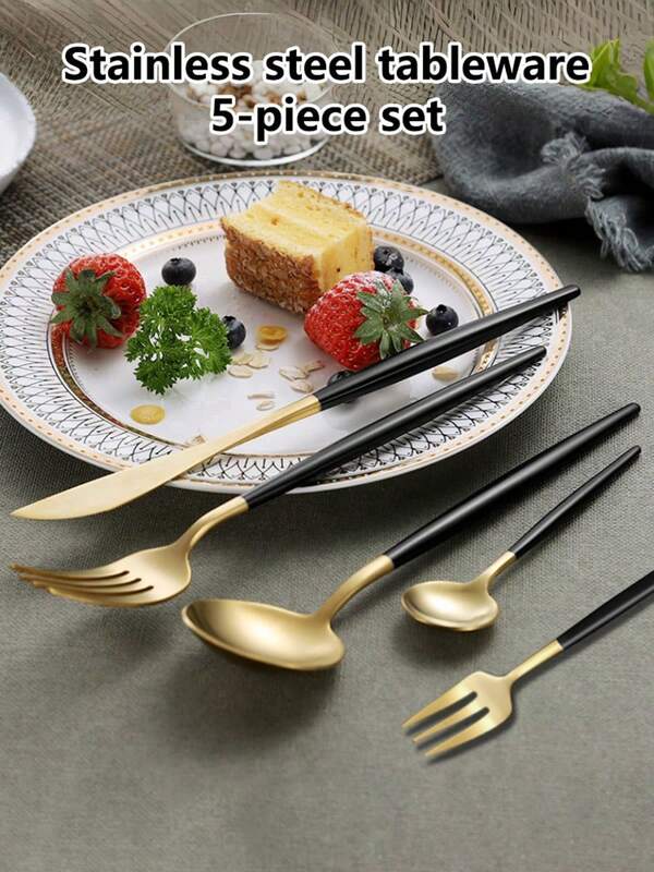 1PC Of Five-Piece Stainless Steel Cutlery Set, Portuguese Fork And Spoon, Western Cutlery Set, All-In-One, Suitable For Family Gatherings, Parties, Kitchens, Restaurants, Hotels, Weddings, And Back-To-School Season