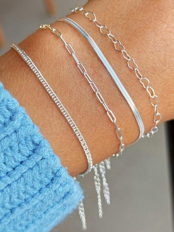 Kit 4 Pulseiras feminina Prata Fio Liso Metalizado Bolinhas