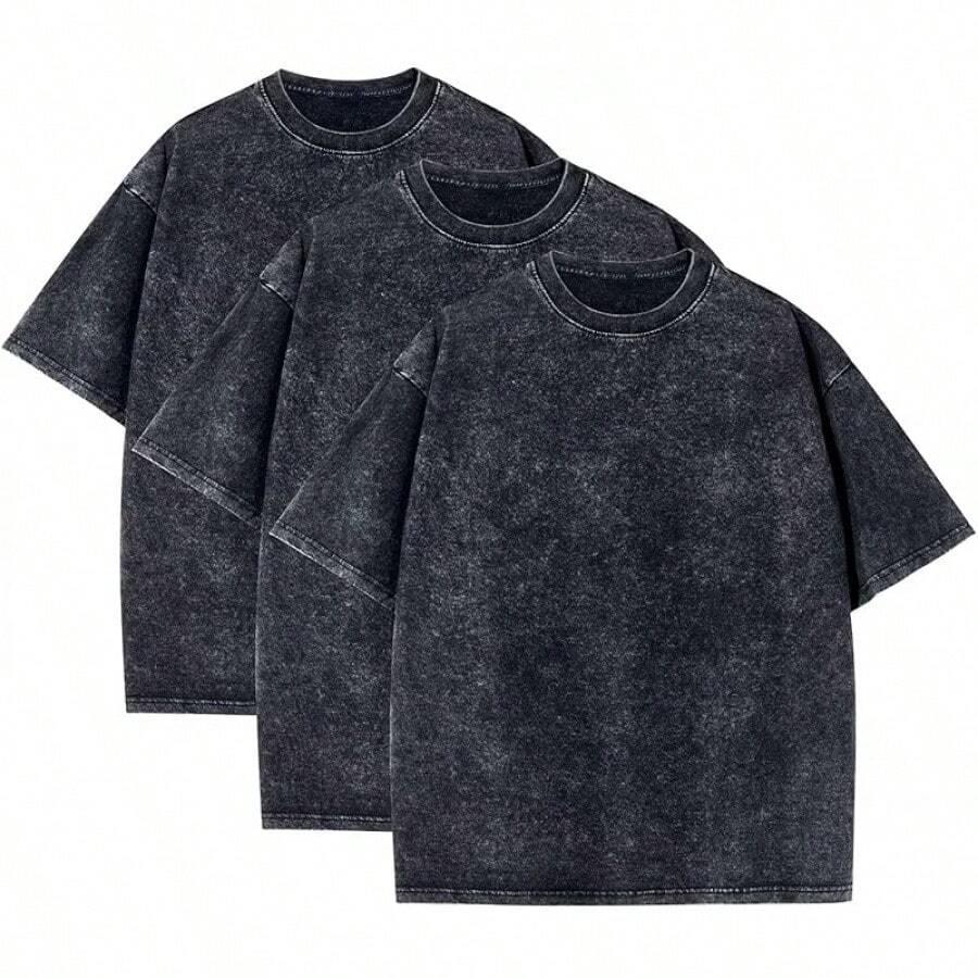 3 Pack Oversized Shirts Men Stone Washed Vintage Graphic Tees Heavyweight Cotton Shirts Loose Fit Casual Tshirts - 3 件黑色 - 查看 1