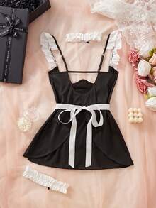 4pcs Maid Costume Set, Black & White Color, Bow Decor, Ruffle Hem, Slit Design, Revealing, Babydoll, Sexy Lingerie Set - Black and White - View 4
