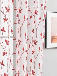 1 pieza Cortina de panel de poliéster semitransparente y ligera con diseño bordado de hojas, estilo bohemio, adecuada para sala de estar, dormitorio, estudio, comedor, decoración del hogar, con anillos superiores para una fácil instalación - Rojo - Ver 7