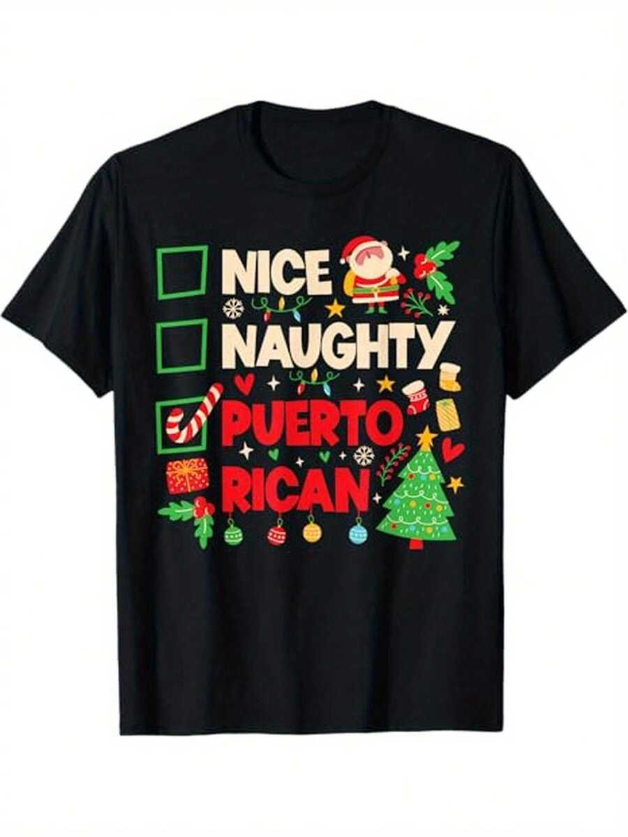 Christmas Puerto Rican Tee Christmas Puerto Rican T-Shirt Cotton Nice Naughty Design Black Gift For Men Women Dad Mom Friends Men Size S-3XL - 黑色 - 查看 1
