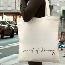 1pc Maid Of Honor Reusable Tote Bag - Durable Polyester Canvas With Heart Design, 15.7x13.7inch, High-Quality Travel & Shopping Bag, Unique Wedding & Bridal Shower Gift For Bridesmaids, Wedding Gift Bag| Elegant Script Design| Sturdy Handles, Wedding Gifts For Bridesmaids - trắng - Xem 1