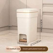 1 pieza Papelera de baño compacta básica de plástico, con pedal sin manos, cierre silencioso, diseño de pedal ligero con aro para bolsa de basura, estética moderna rectangular de gran capacidad, viene con tapa para protección contra olores, adecuada para oficina, dormitorio, cocina, sala de estar, color dorado champán, accesorios de baño, decoración de habitación
