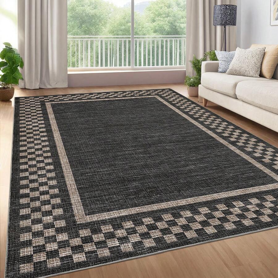 Distressed Plaid Carpet Modern Border Carpet Anti-Fouling Non-Slip Low Pile Foldable Indoor Carpet Ultra-Thin Non-Linting For Bedroom Dining Room Office Laundry Room And Kitchen - màu đen - Xem 1