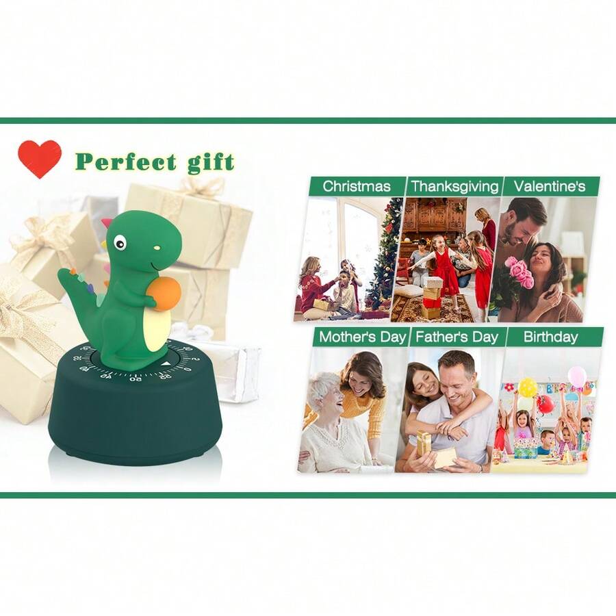 1 pieza Reloj temporizador mecánico con modelo de dinosaurio de dibujos animados, accesorio de cocina, reloj de alarma, contador de 60 minutos, decoración, temporizador manual para estudio (regalo de Navidad)