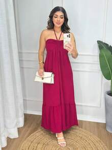 Women's Long Fluid Strapless Dress With Tie - 紅木色 - 查看 3
