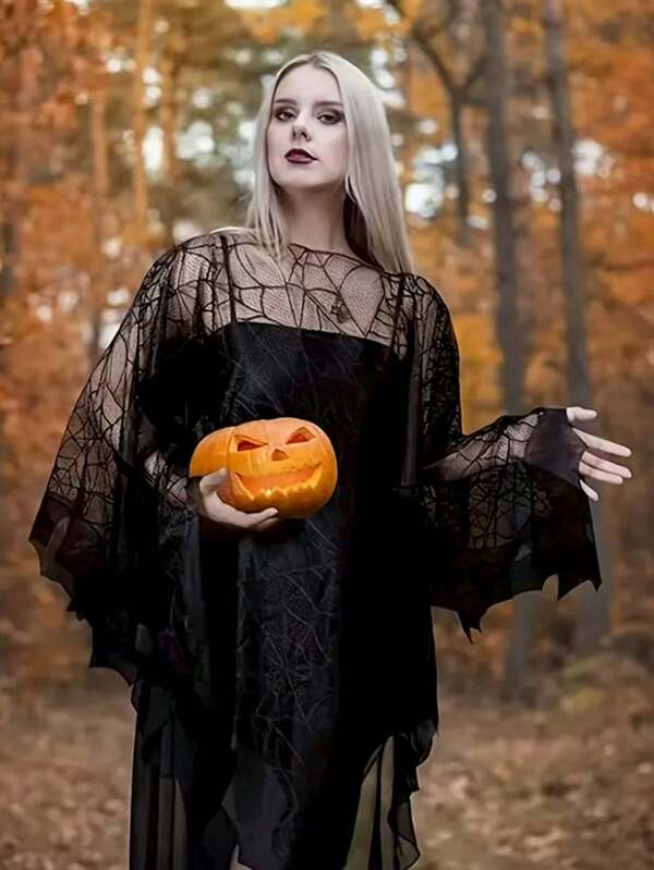 Costum de Halloween cu aripi de liliac și umăr, 1 buc - Pelerină din pânză de păianjen pentru femei - Accesorii vestimentare festive pentru petrecere - Poliester geometric cu sclipici