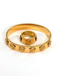 Bộ trang sức nhẫn và vòng tay hoa bằng thép không gỉ 316L mạ vàng 18K 2 chiếc/bộ, phù hợp với trang phục hàng ngày của phụ nữ, thiết kế hoa phổ biến cổ điển của Châu Âu và Châu Mỹ, chống thấm nước, trang sức vàng thường ngày thanh lịch và sang trọng, bộ trang sức cưới, quà tặng cho bé gái, phụ nữ, mẹ, người thân, bạn bè, đám cưới đẹp, sinh nhật, ngày của mẹ, bạn gái, ngày lễ tình nhân - Vàng - Xem 9