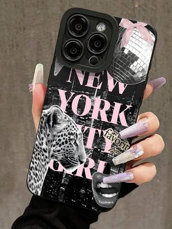1pc Creative Patchwork Lips, Leopard, Star, Slogan Pattern Black Cat Eye Full Coverage Phone Case Suitable For IPhone 11/12/13/14/15/16 Pro Max