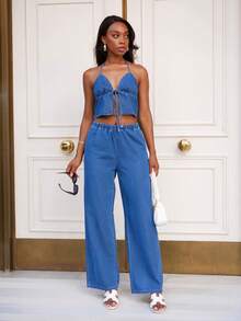 Yess Loren 女士牛仔套装：露背上衣和松紧腰裤，蓝色，夏季/女士夏季服装/夏季服装/可爱夏季上衣/夏季下装/女士夏季连衣裙，夜间外出 - 藍色 - 查看 1