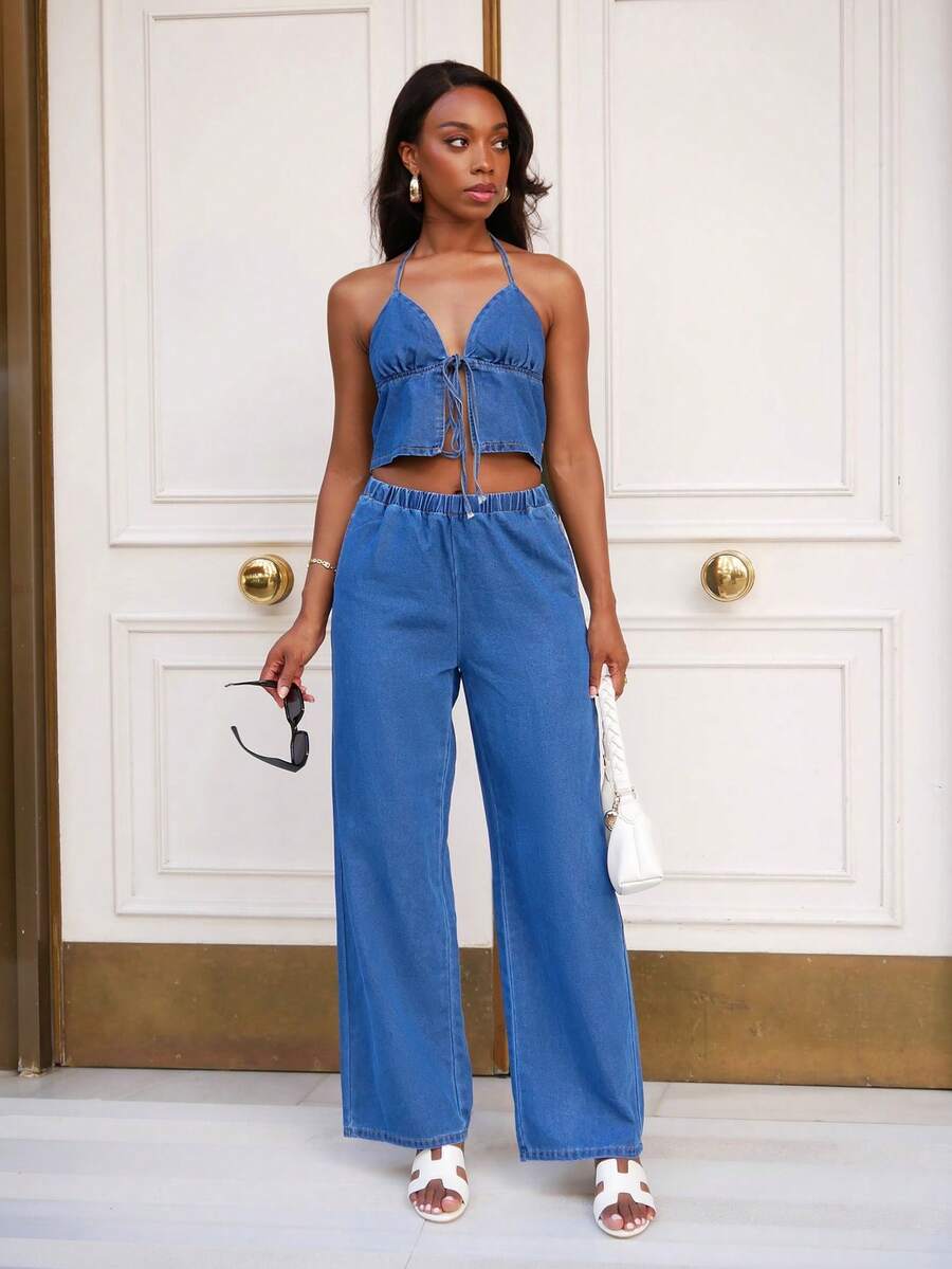 Yess Loren 女士牛仔套装：露背上衣和松紧腰裤，蓝色，夏季/女士夏季服装/夏季服装/可爱夏季上衣/夏季下装/女士夏季连衣裙，夜间外出 - 藍色 - 查看 1