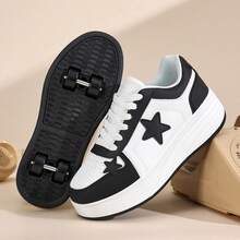 Teenagers' Roller Skates, 4-Wheel Detachable, Boys' Black & White, Multi-Functional Heelys, Ice Skates, All Season, Star Lace-Up Casual Sports Shoes