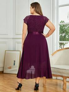 Plus Elegant V Neck Lace Contrast Ruffle Split Hem Chiffon Evening Party Long Dress, Homecoming Dress, Wedding Guest Dress, For Birthday, Graduation