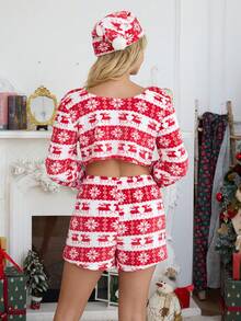 Women's Christmas Flannel Fluffy Pajama Set, Reindeer Print Round Neck Long Sleeve Top And Elastic Waist Shorts With Hat, Casual Sleepwear Homewear Set, Fall/Winter Clothes