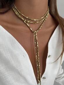 1pc Luxury Sparkling CZ Faux Pearl Beaded Long Necklace, Personalized Metal Disc Tassel Pendant Necklace For Women, Suitable For Parties, Gifts, And Daily Wear (Color And Texture As Per Actual Item)