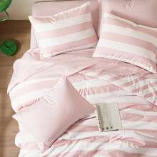 Fluffy 2/3/5/7 Pieces Stripe Textured Print Comforter Set, 200 Gsm Lightweight & Breathable Bedding Sets, All Season Home Textile Fits Modern Bedroom Decor, Halloween Christmas Thanks Giving Gifts - 臉紅 - 查看 4